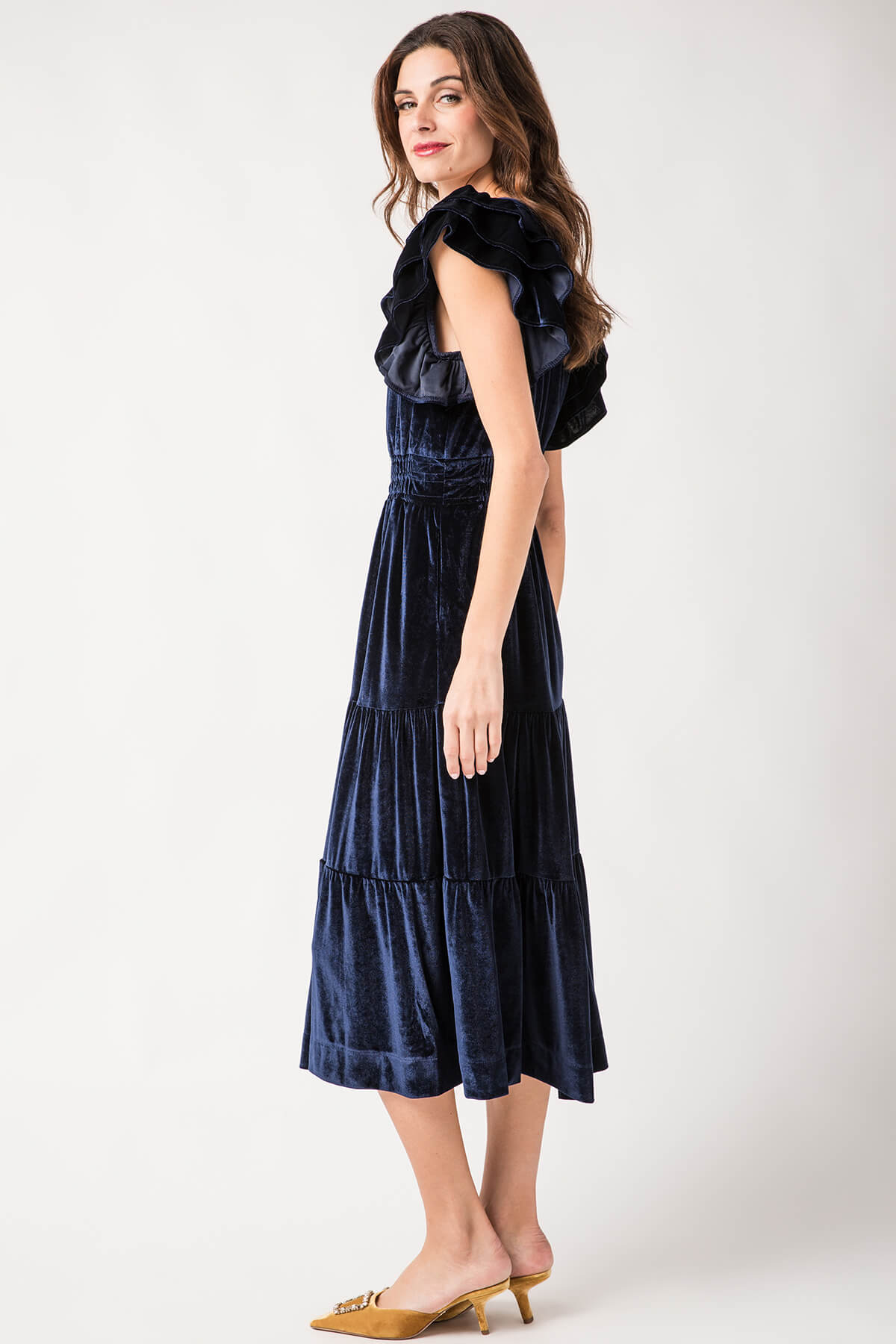 THML Velvet Flutter Sleeve Tiered Maxi Dress