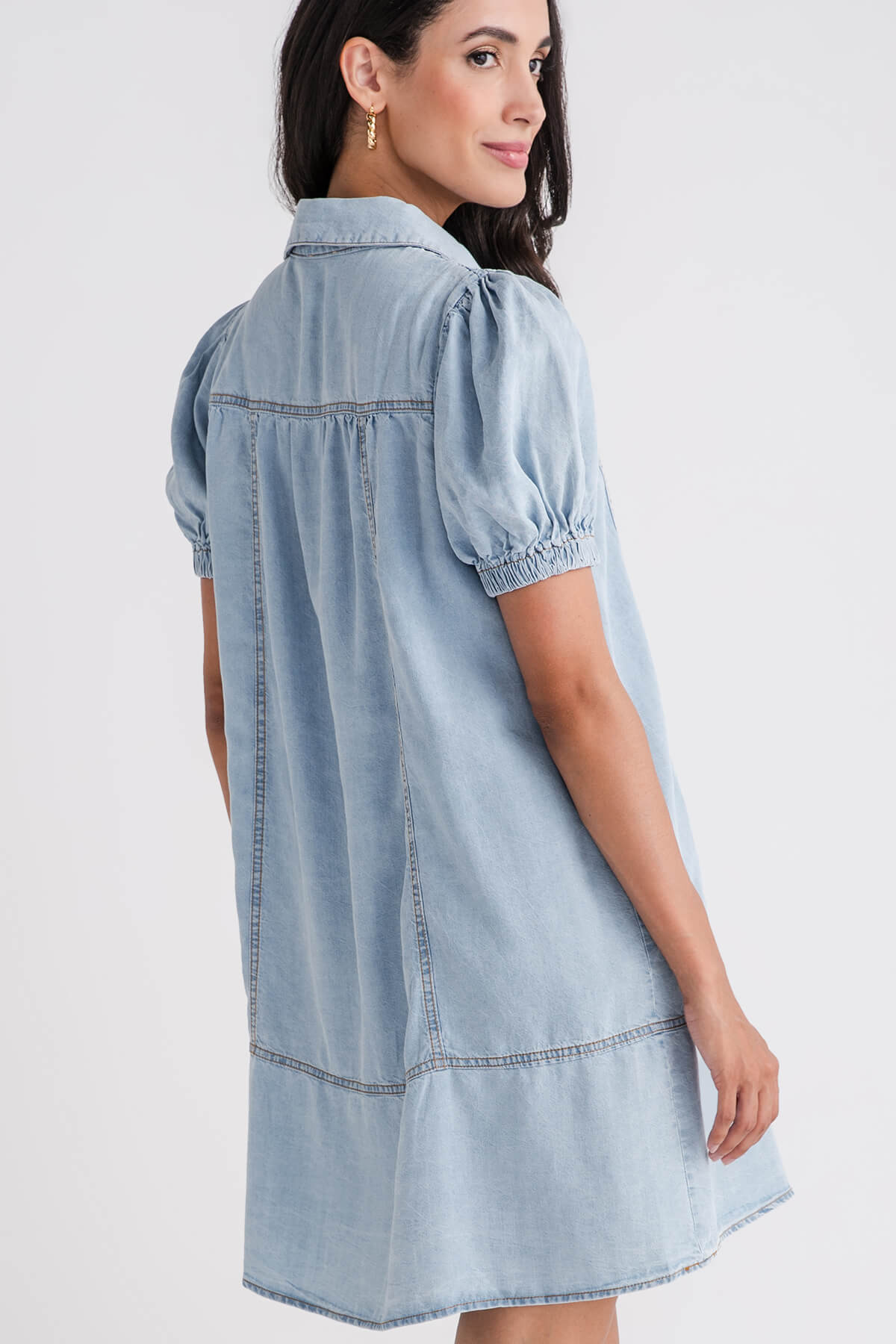 So Me Washed Denim Smocked Yoke Button Up Shirt Dress