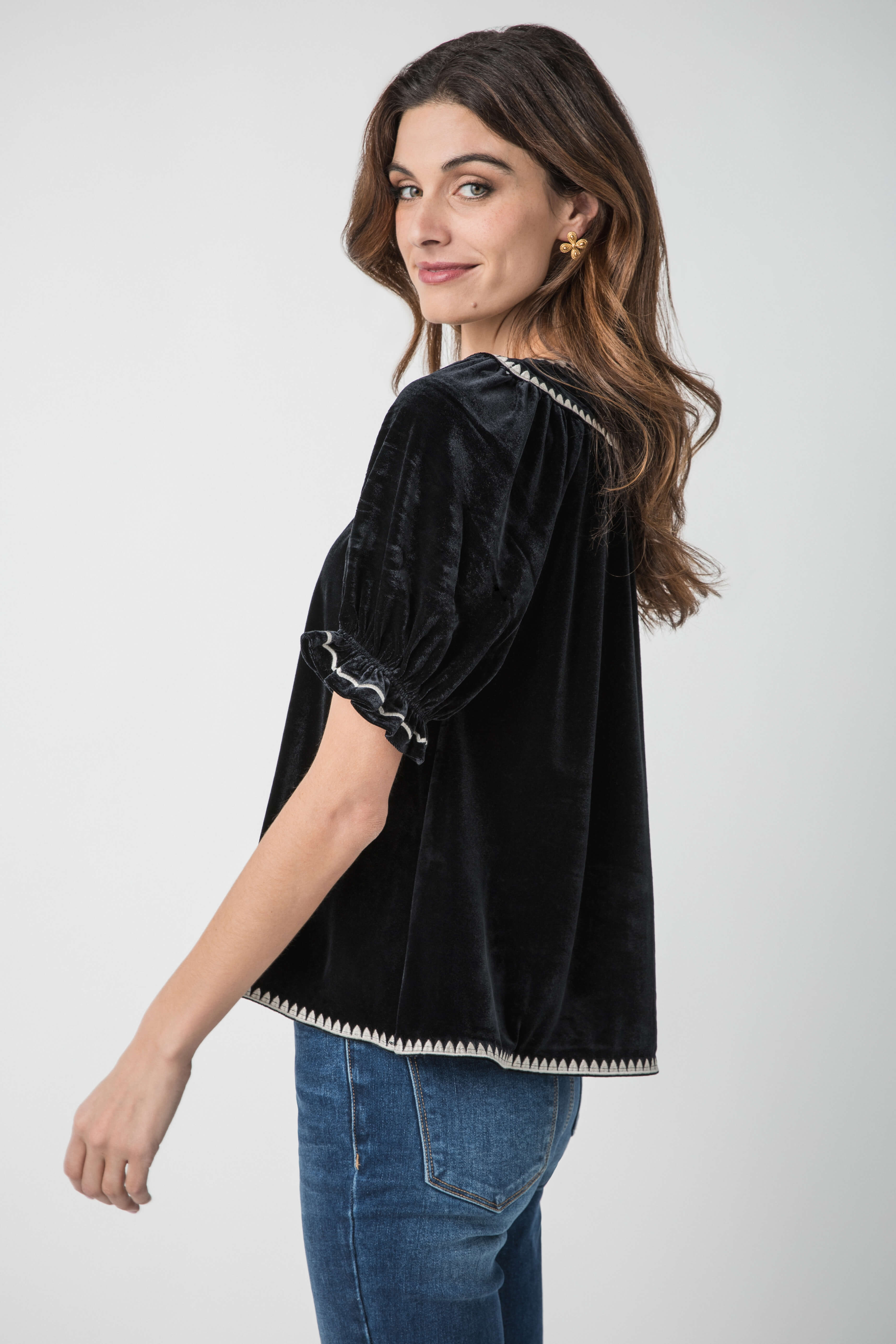 THML Velvet Contrast Trim Top