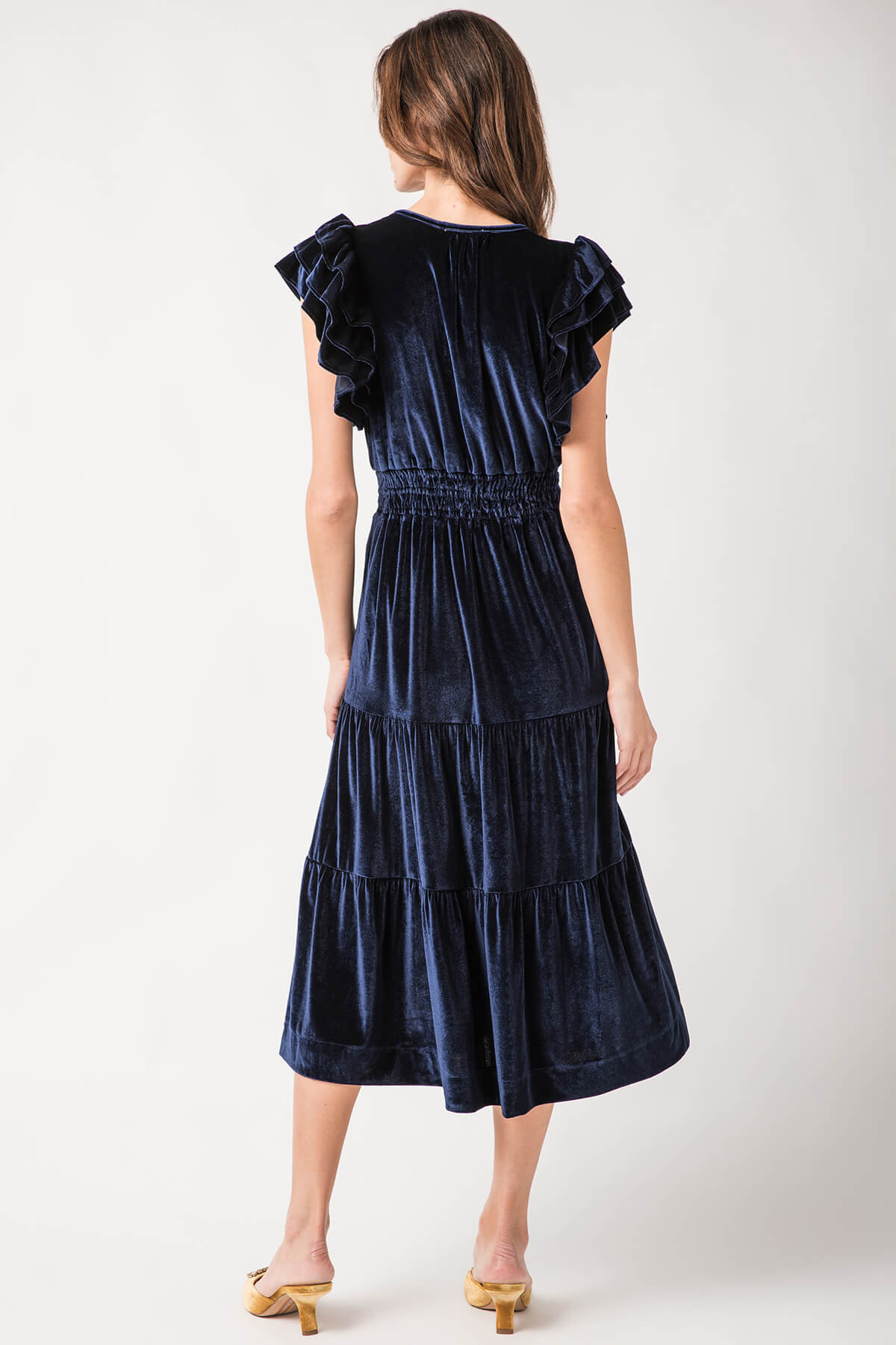 THML Velvet Flutter Sleeve Tiered Maxi Dress