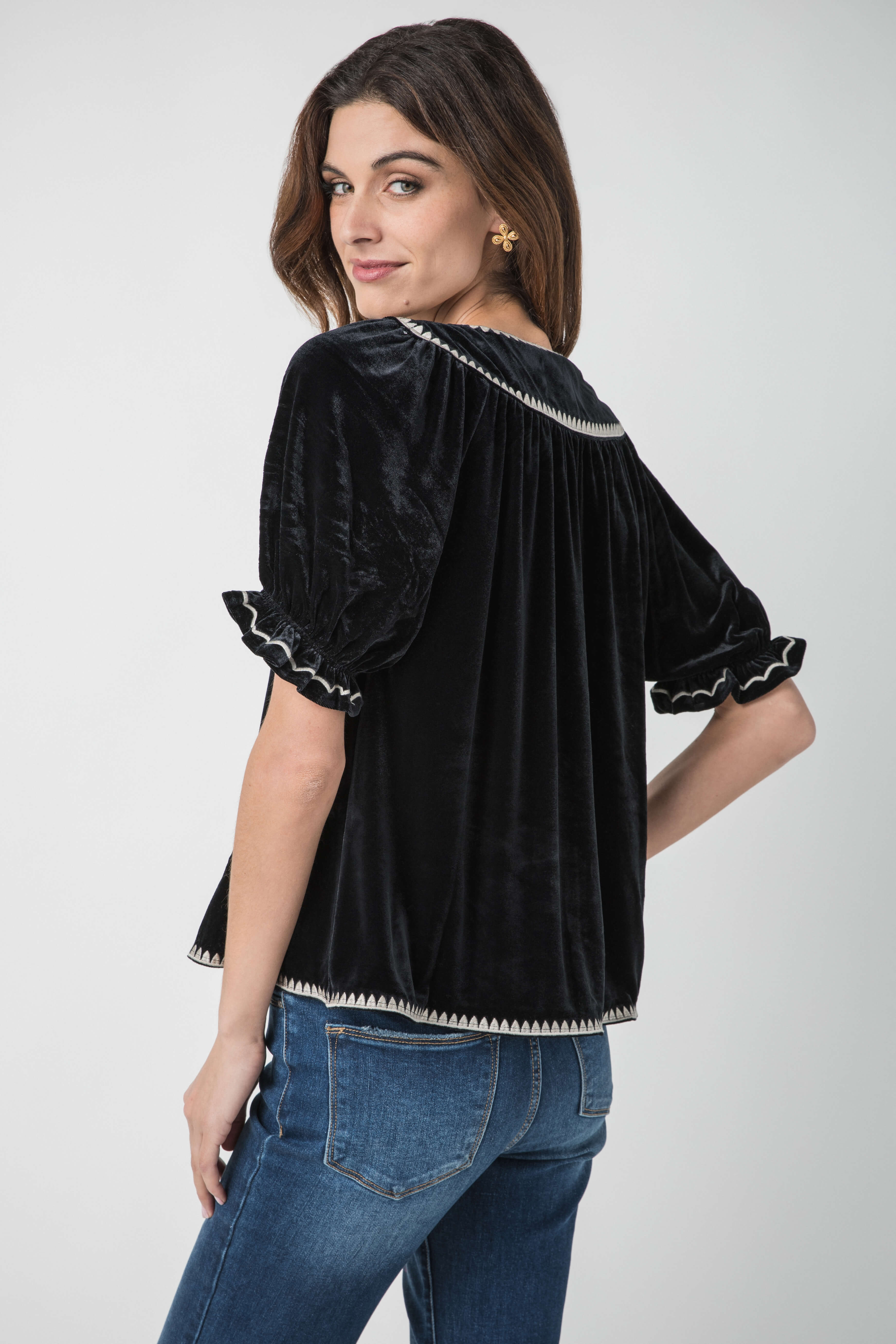 THML Velvet Contrast Trim Top