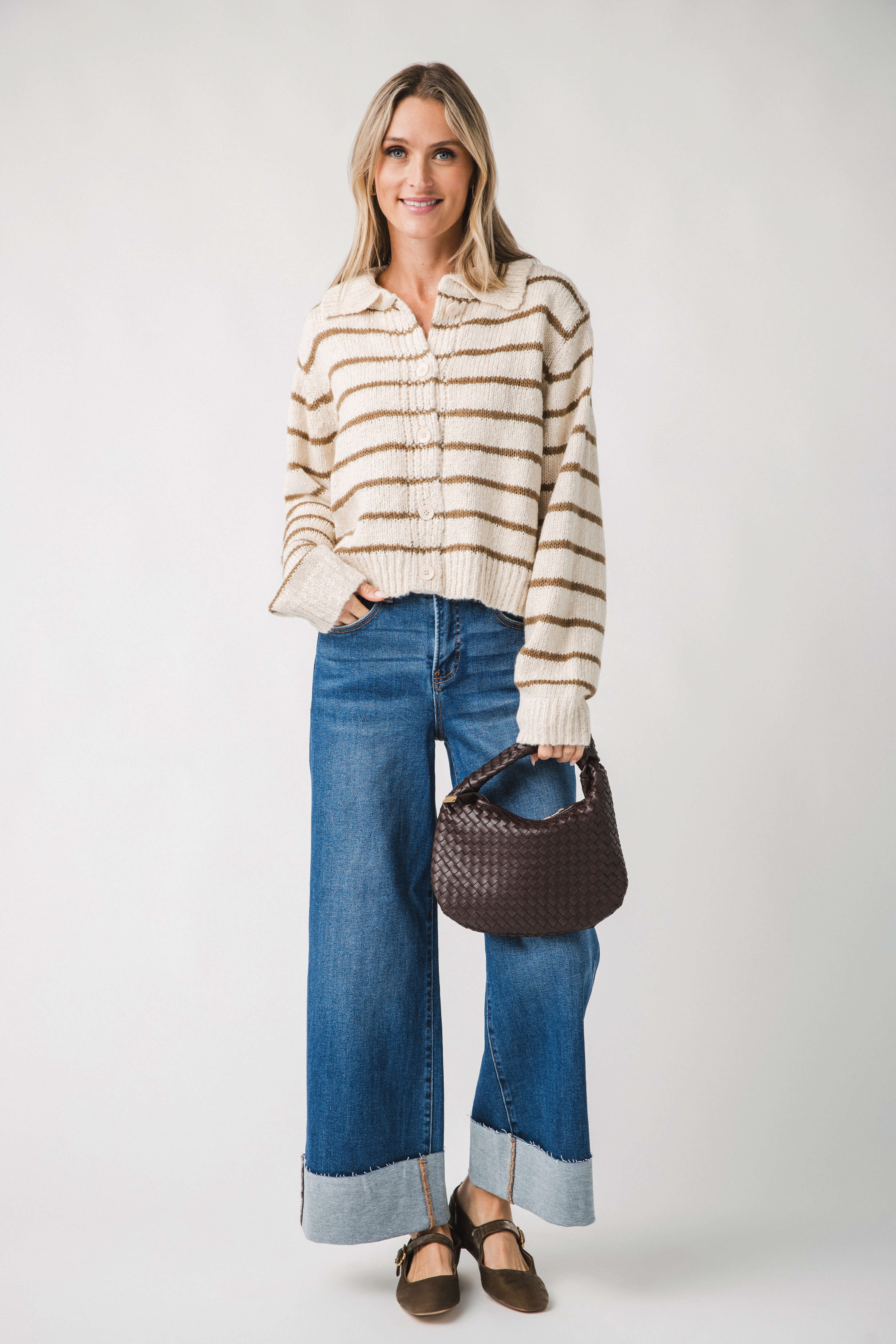 Miou Muse Buttondown Striped Knitted Cardigan