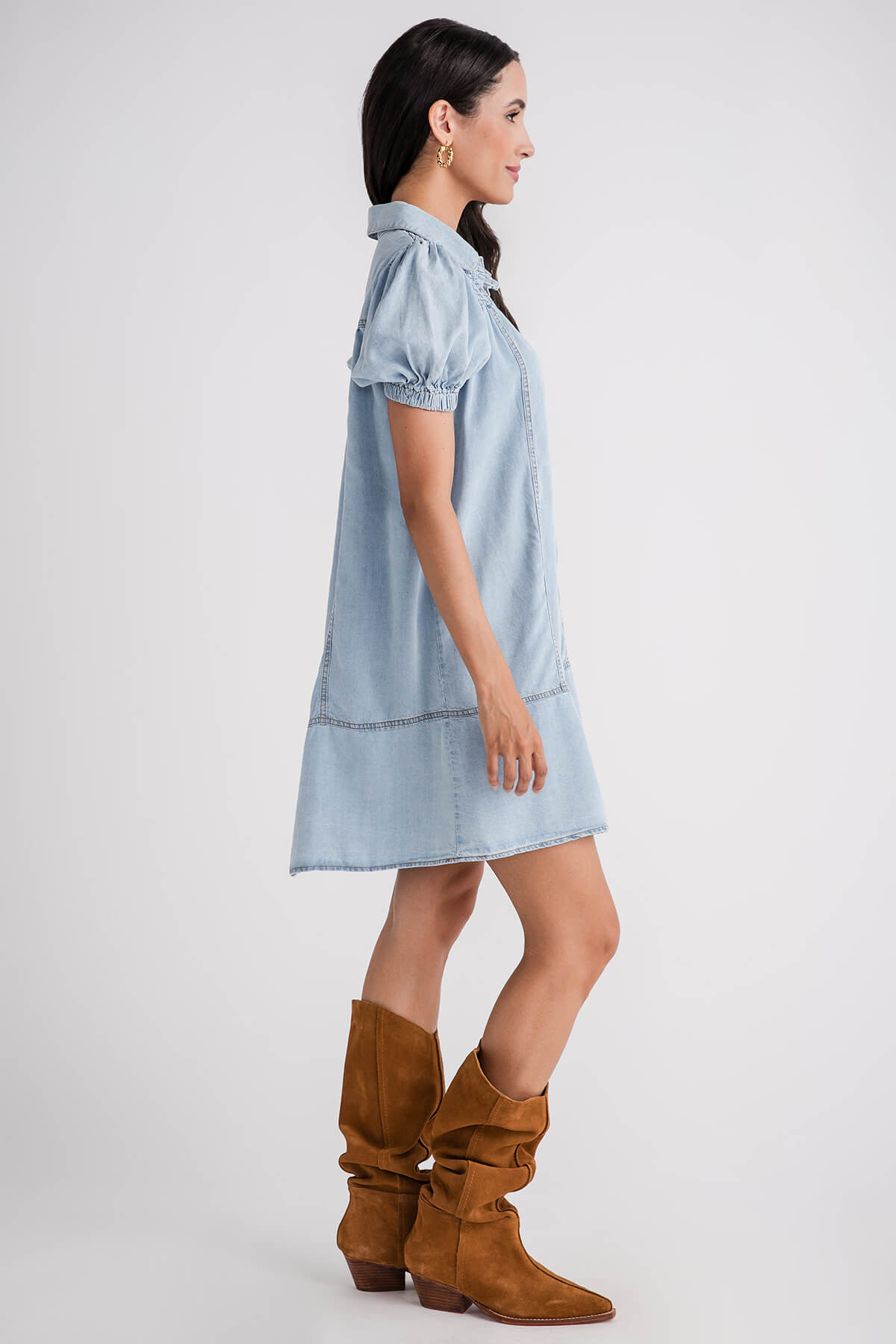 So Me Washed Denim Smocked Yoke Button Up Shirt Dress