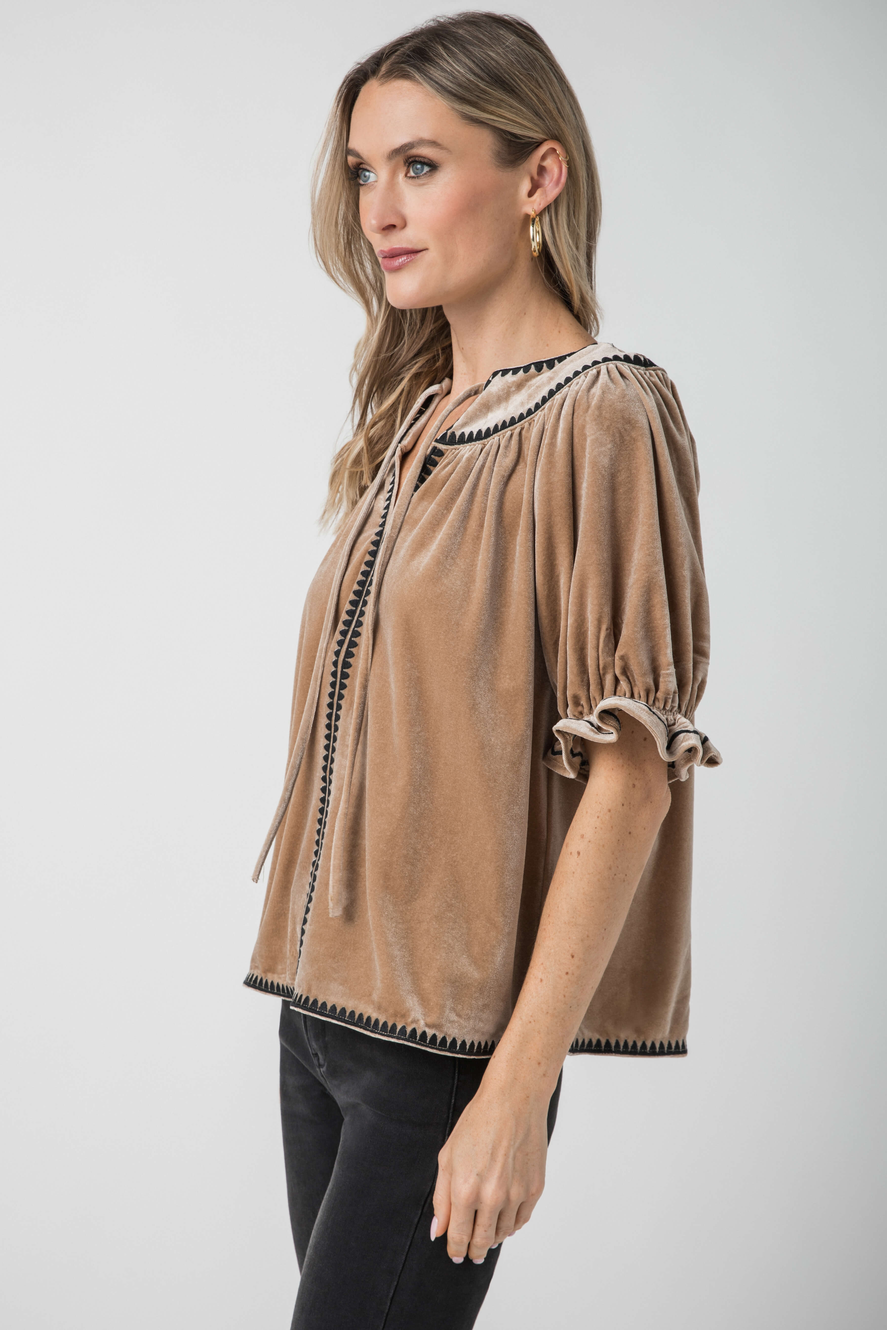 THML Velvet Contrast Trim Top