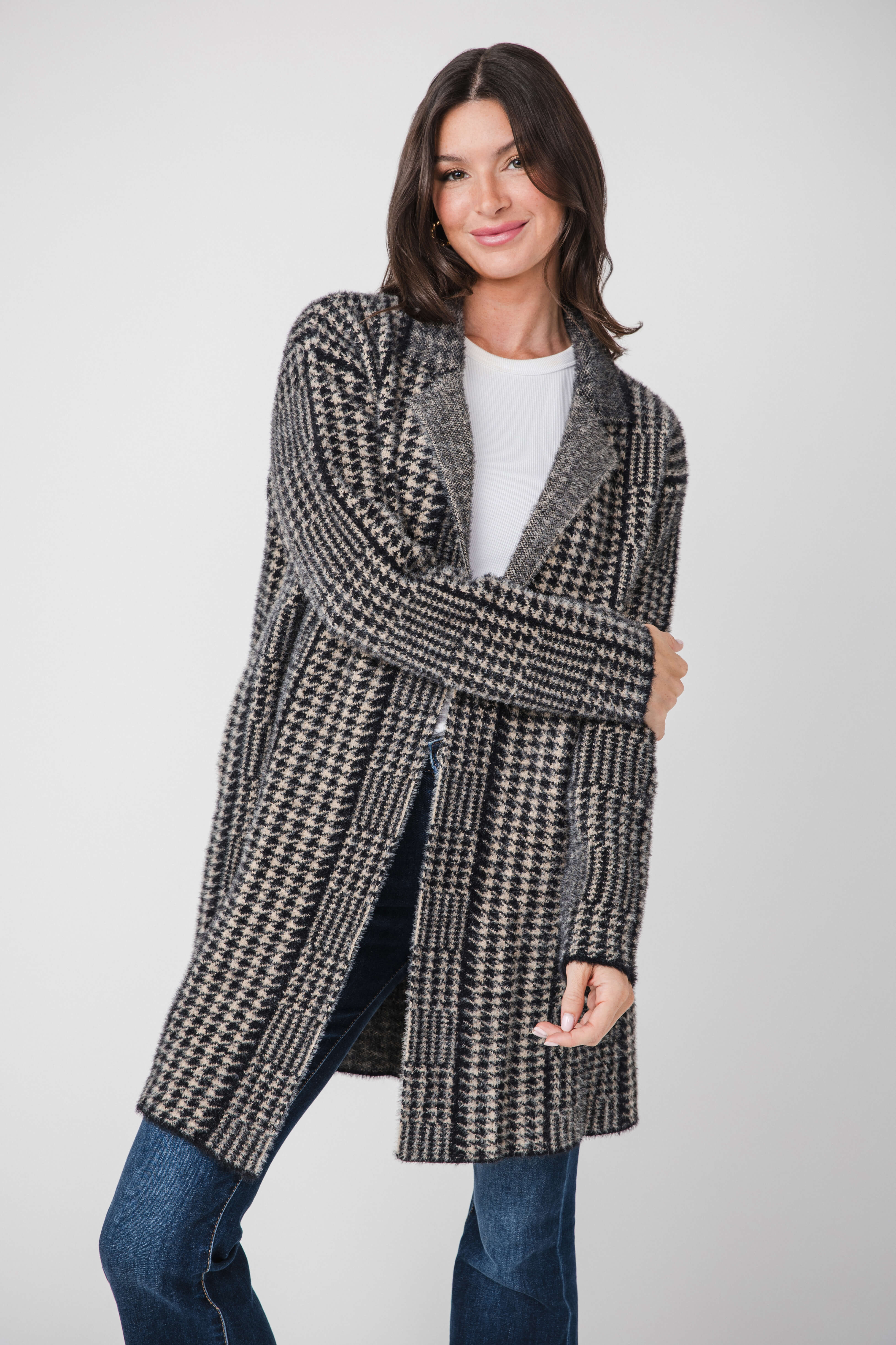 Vintage Havana Houndstooth Furry Fleece Long Knit Coat