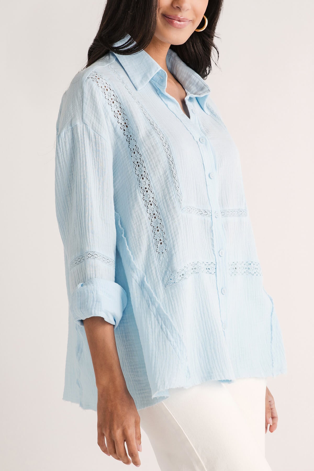 J.nna Raw Hem Lace Detail Button Up Top