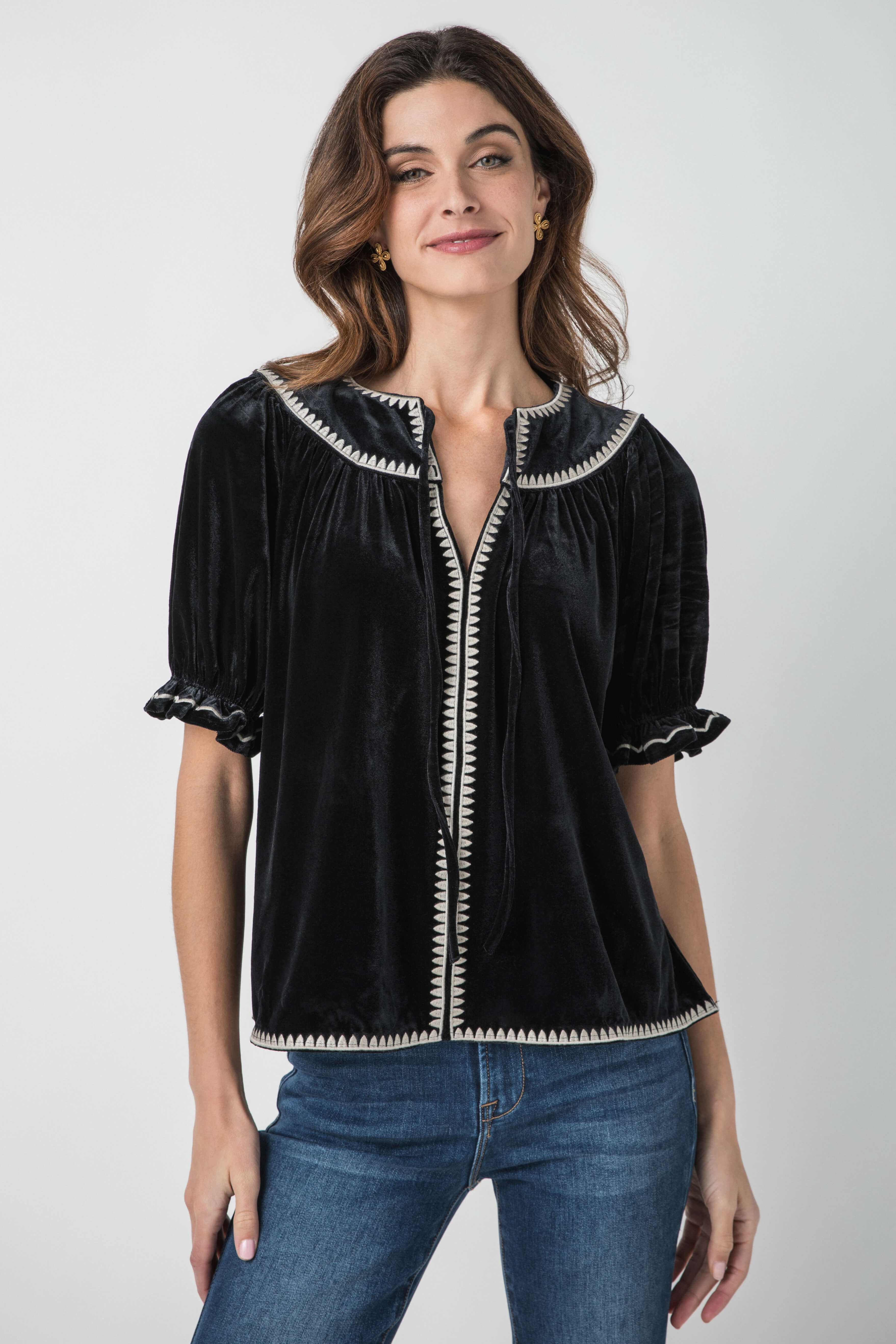 THML Velvet Contrast Trim Top