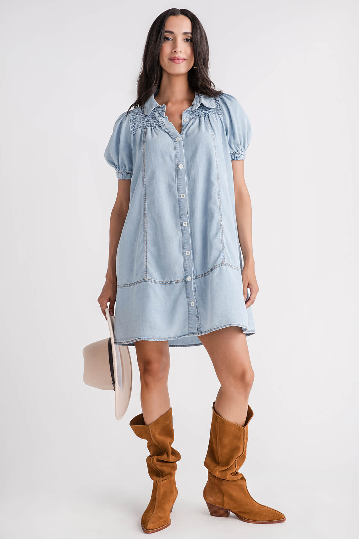 So Me Washed Denim Smocked Yoke Button Up Shirt Dress