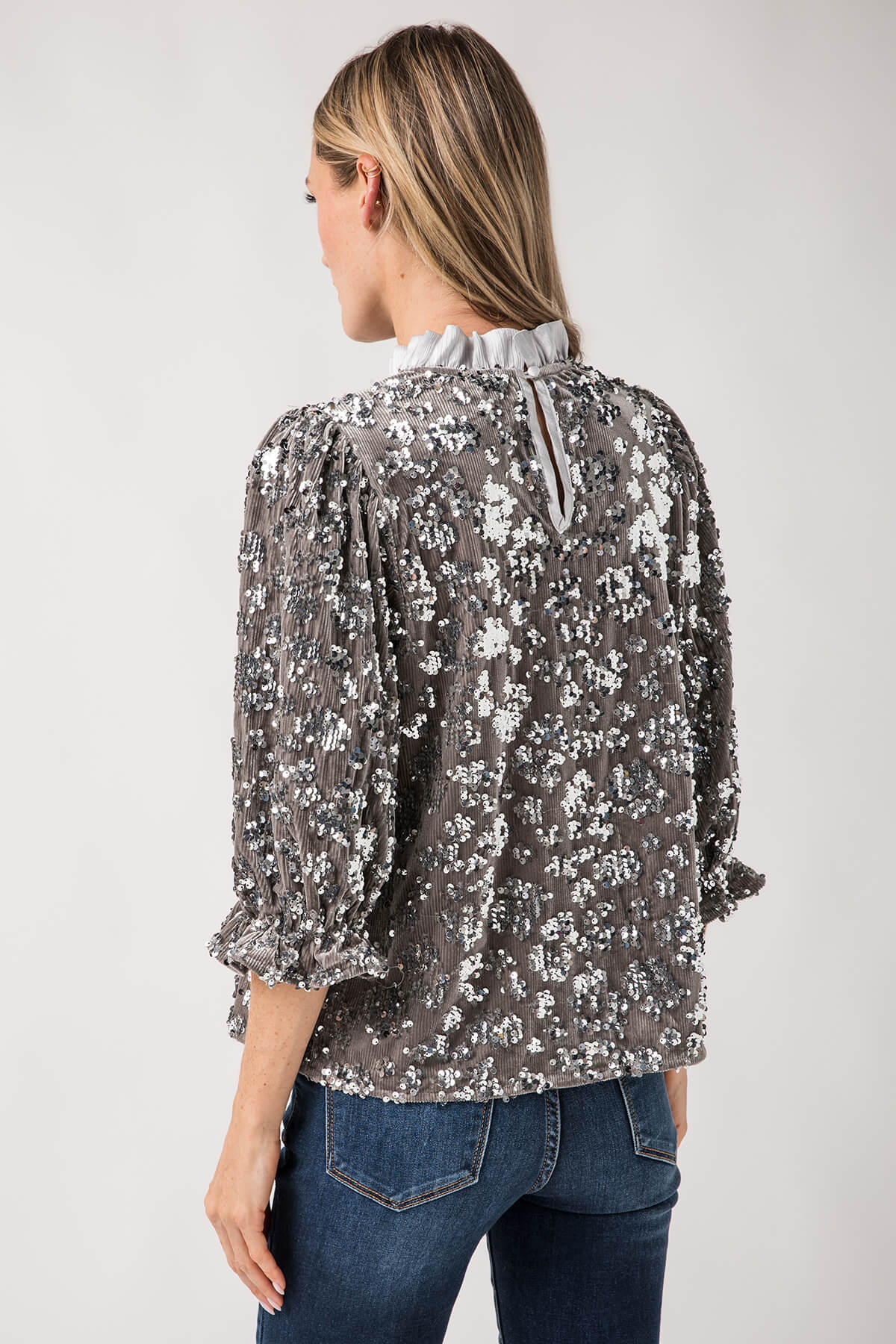 THML Sequin Ruffle Neck Top