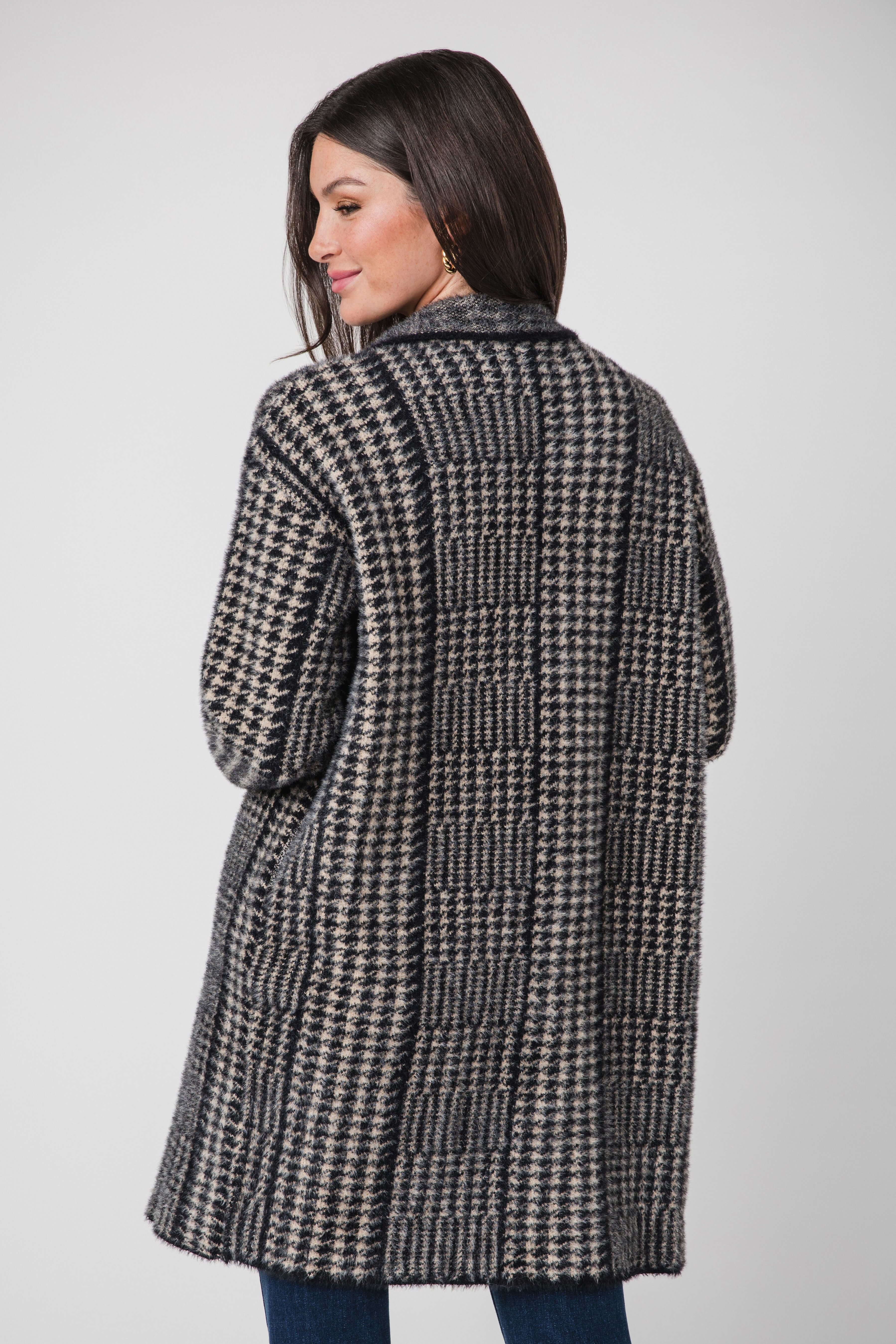 Vintage Havana Houndstooth Furry Fleece Long Knit Coat