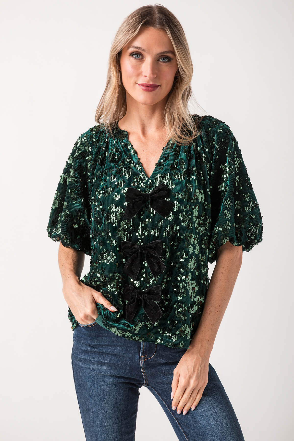 THML Bow Detail Sequin Splitneck Top