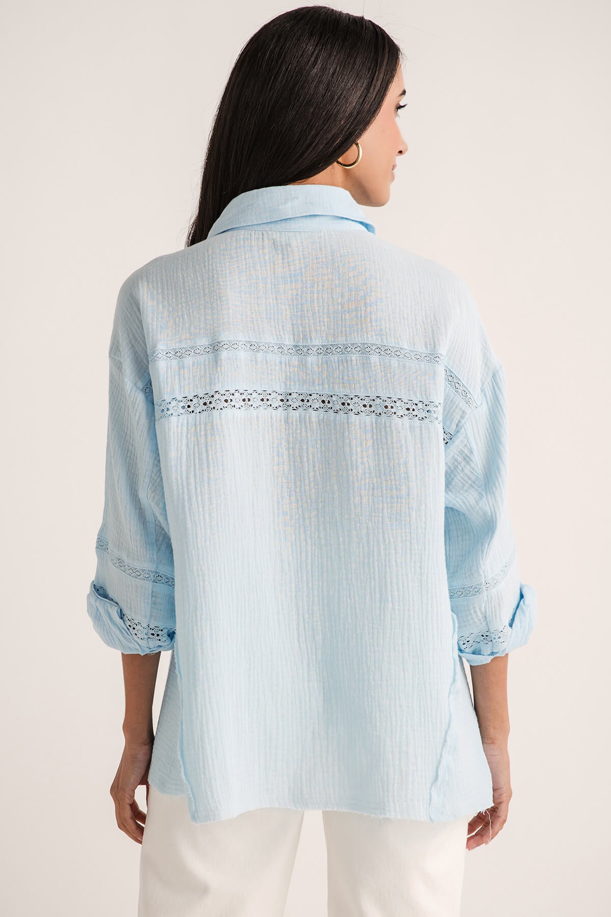 J.nna Raw Hem Lace Detail Button Up Top