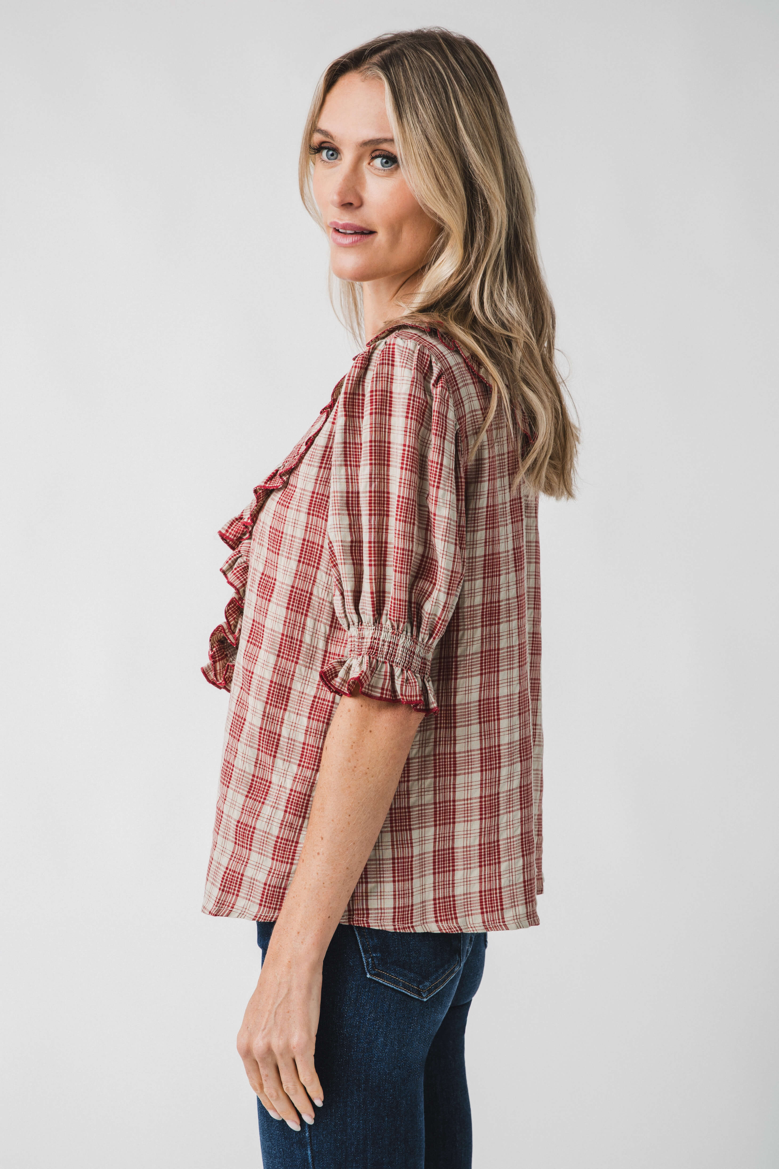 Easel Plaid Flounce Collared Blouse