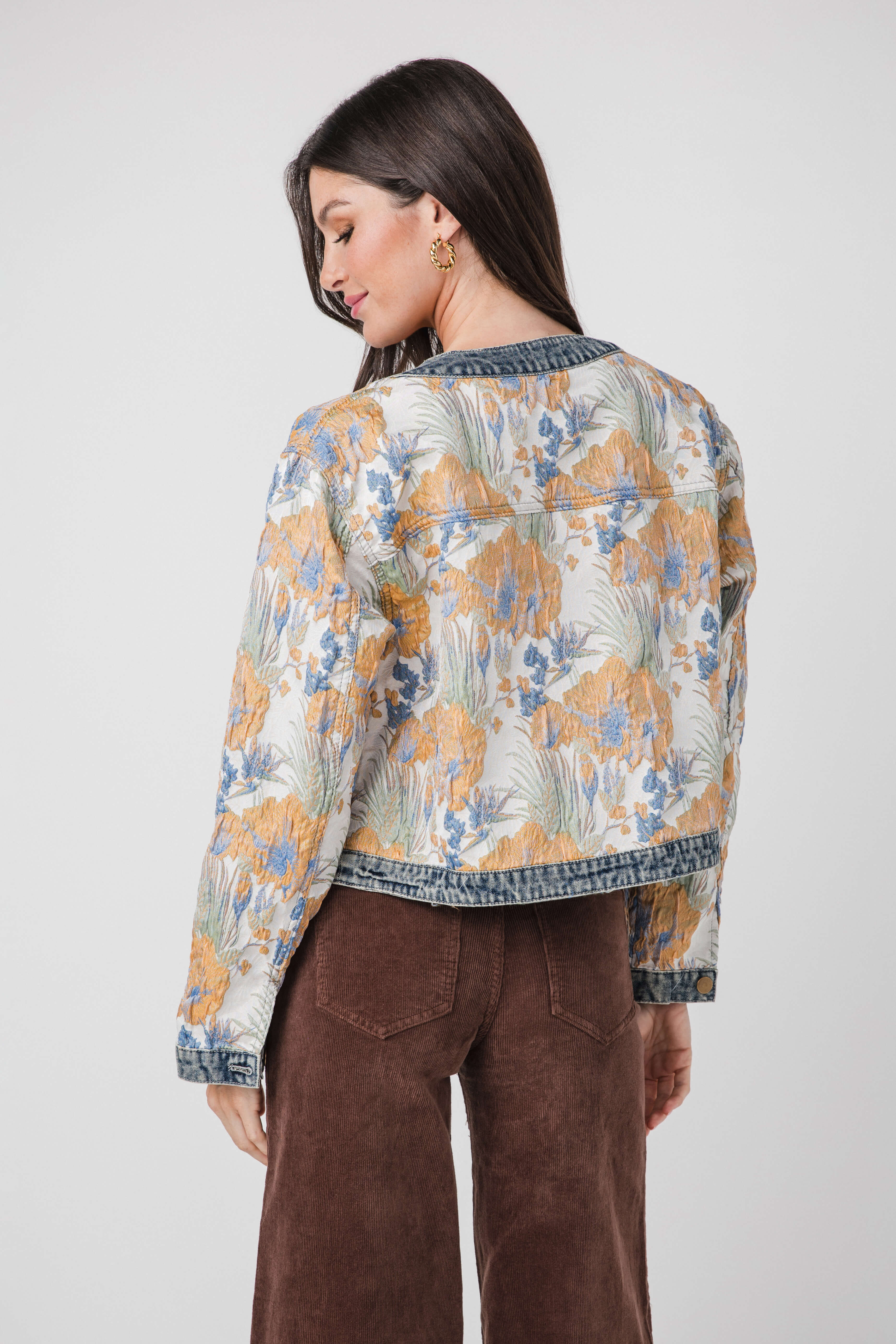 AnnieWear Floral Jacquard Denim Contrast Jacket