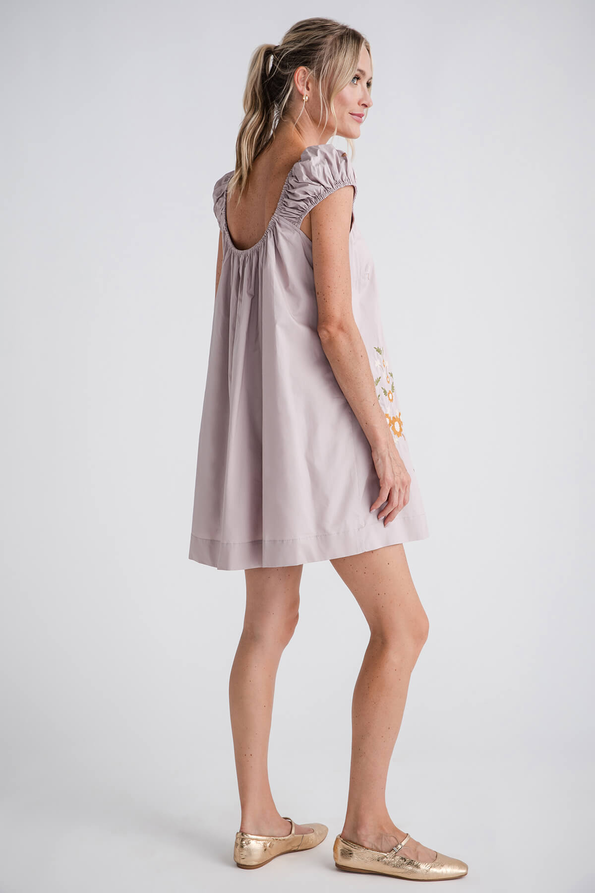 Mable Cap Ruched Sleeve Embroidered Mini Dress