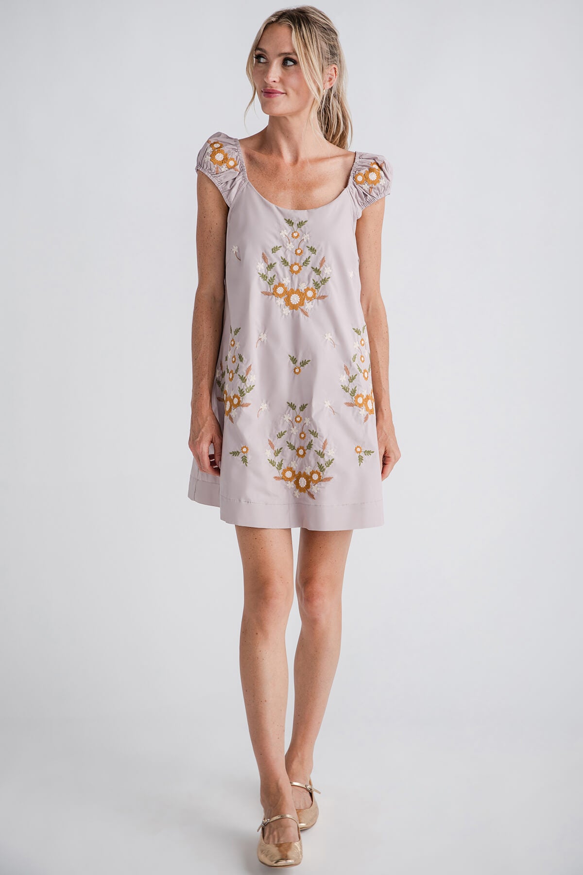 Mable Cap Ruched Sleeve Embroidered Mini Dress