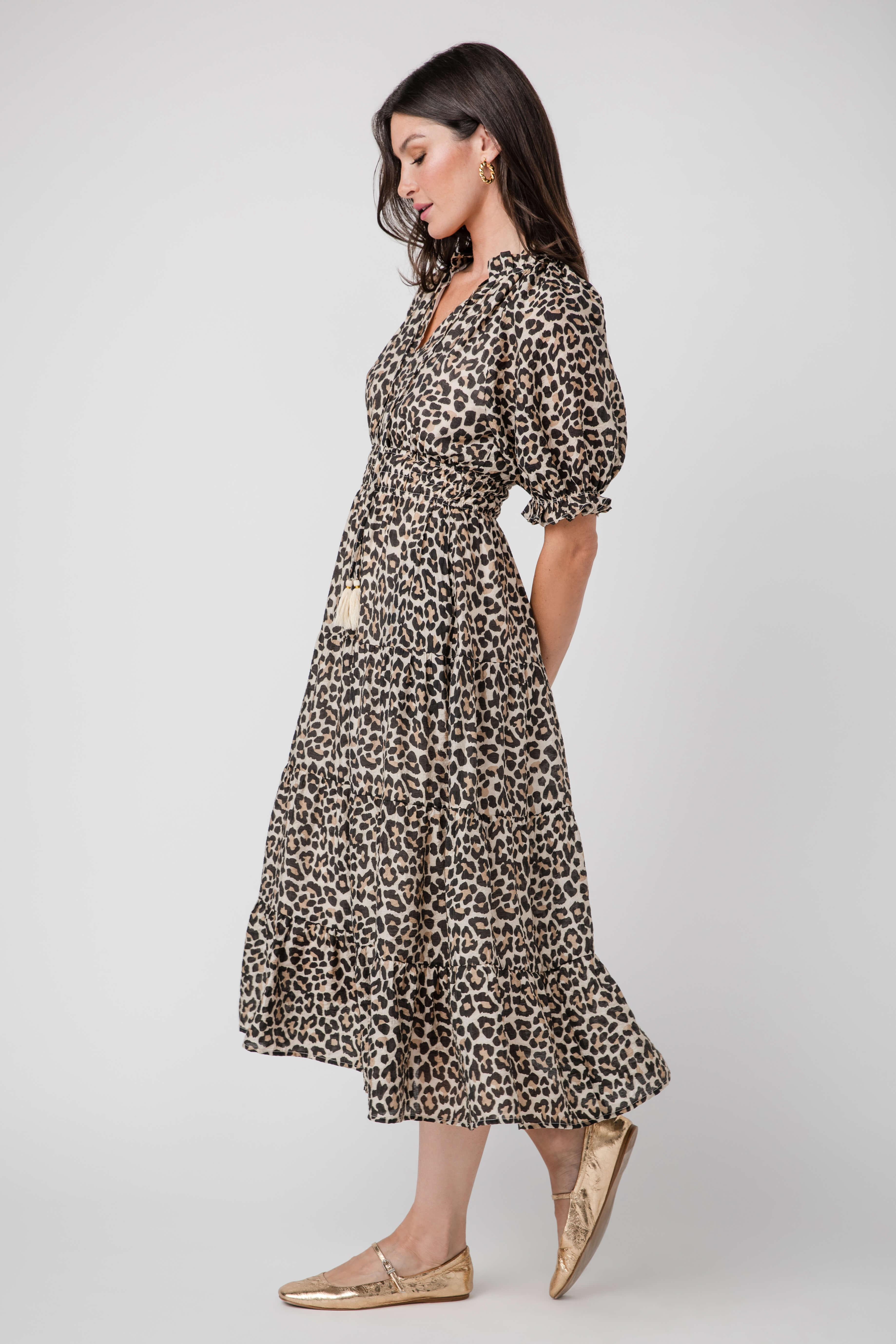 THML Leopard Print Tassel Tie Maxi Dress