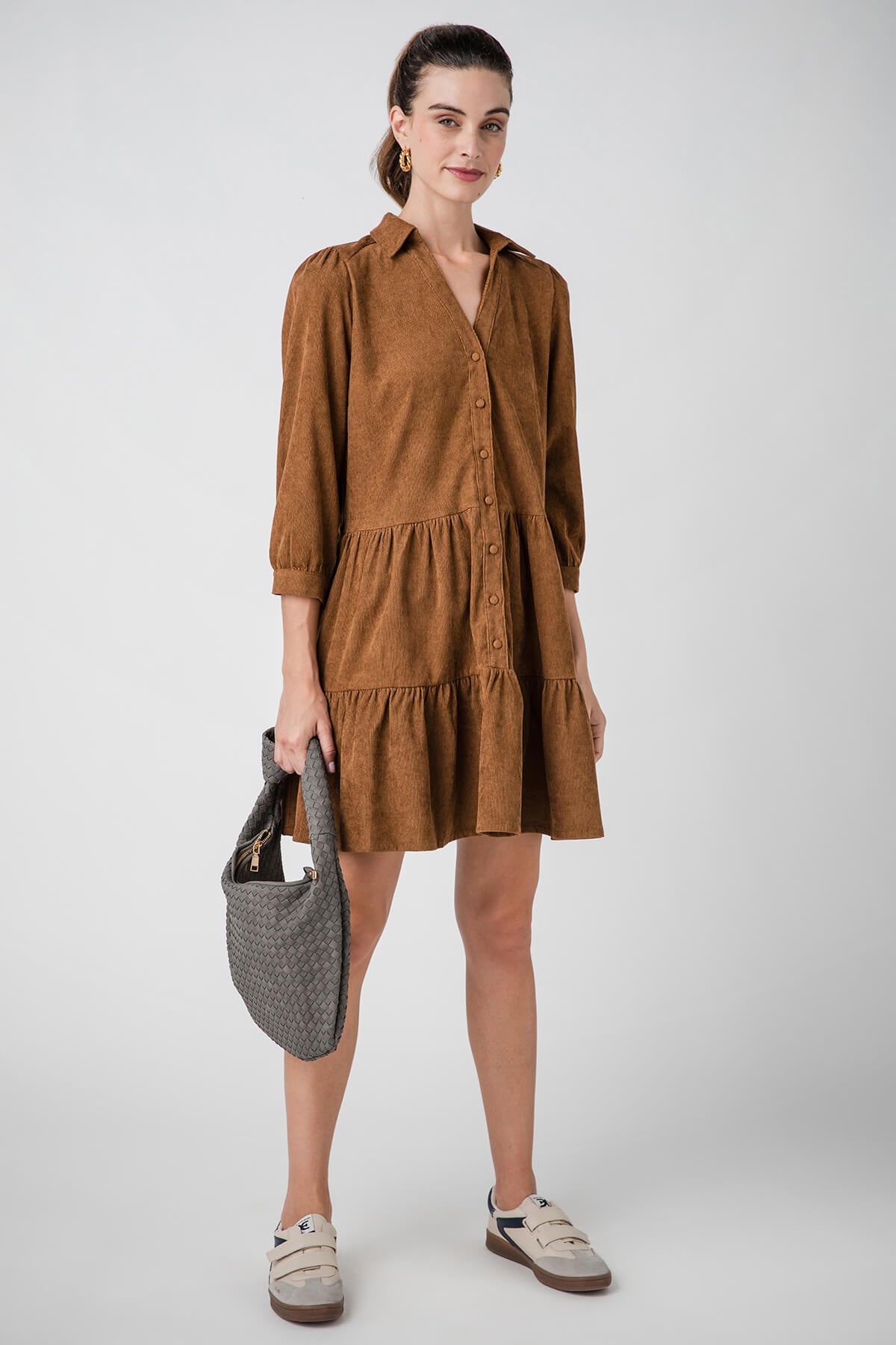 Pinch Tiered Corduroy Shirt Dress