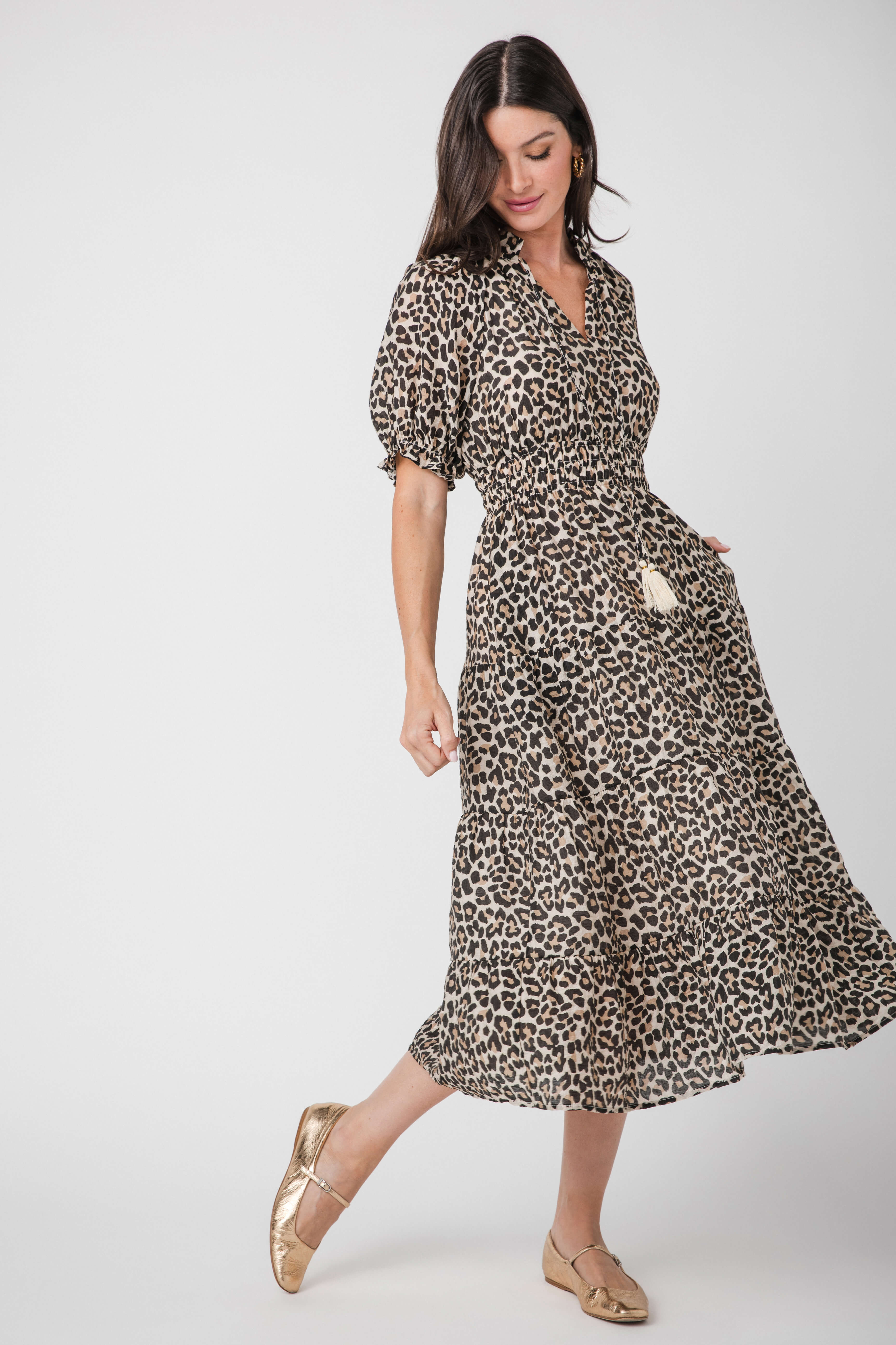 THML Leopard Print Tassel Tie Maxi Dress