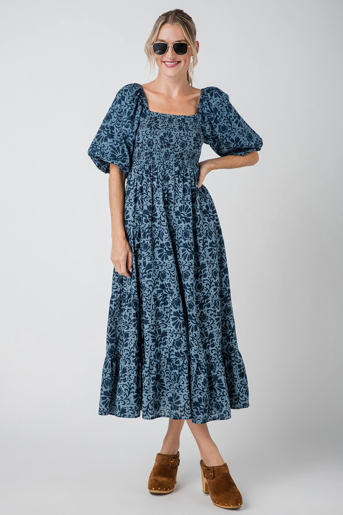 THML Smocked Puff Sleeve Printed Maxi Dress