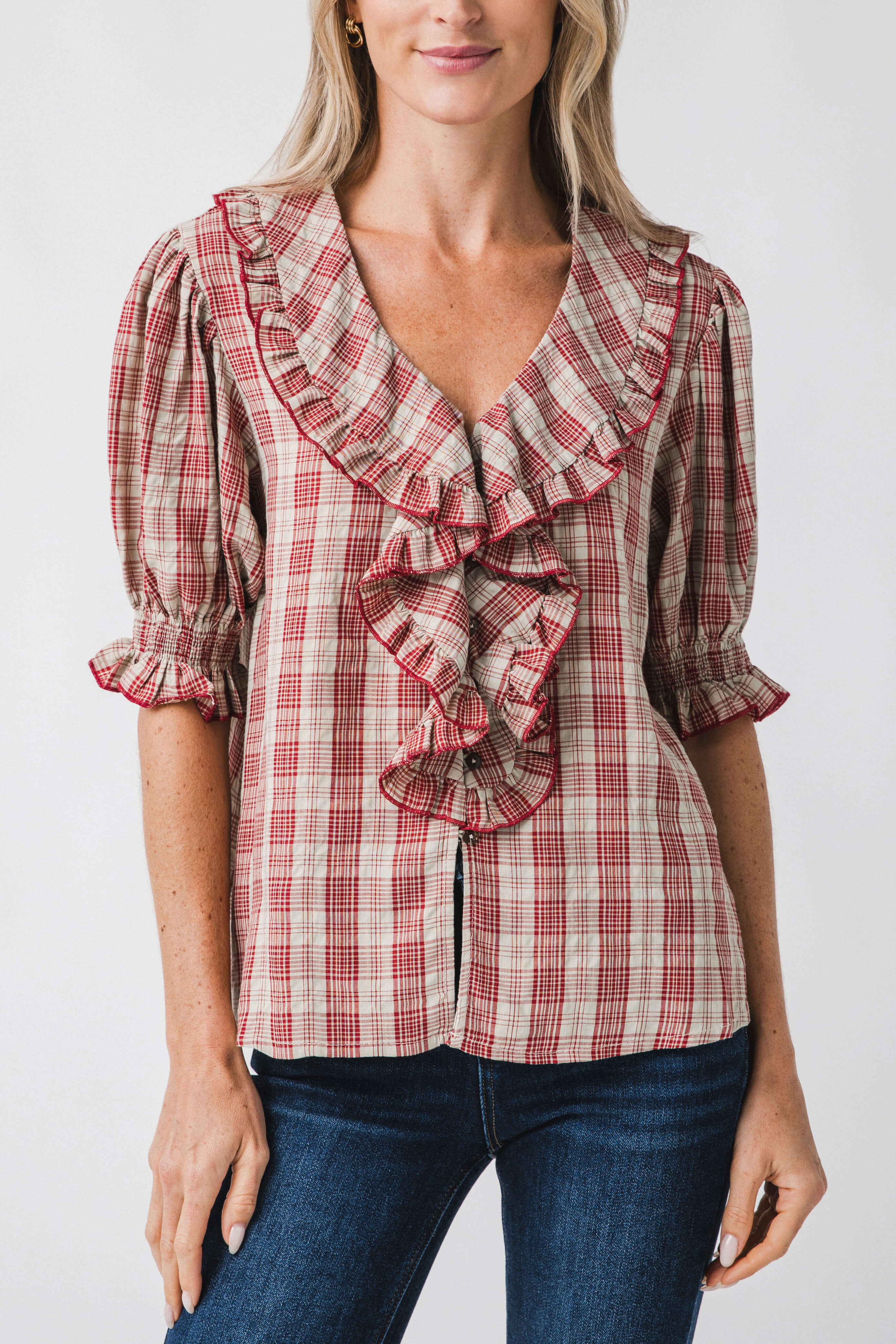 Easel Plaid Flounce Collared Blouse