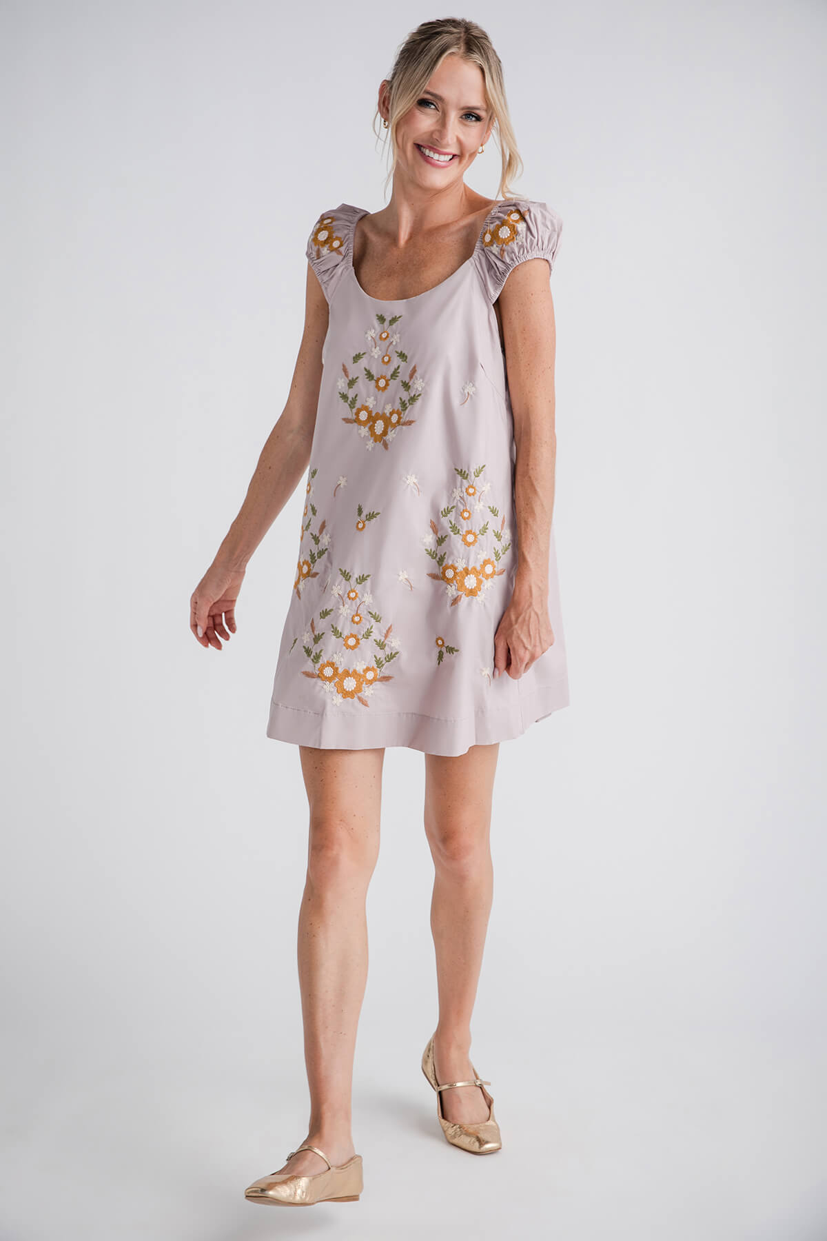 Mable Cap Ruched Sleeve Embroidered Mini Dress