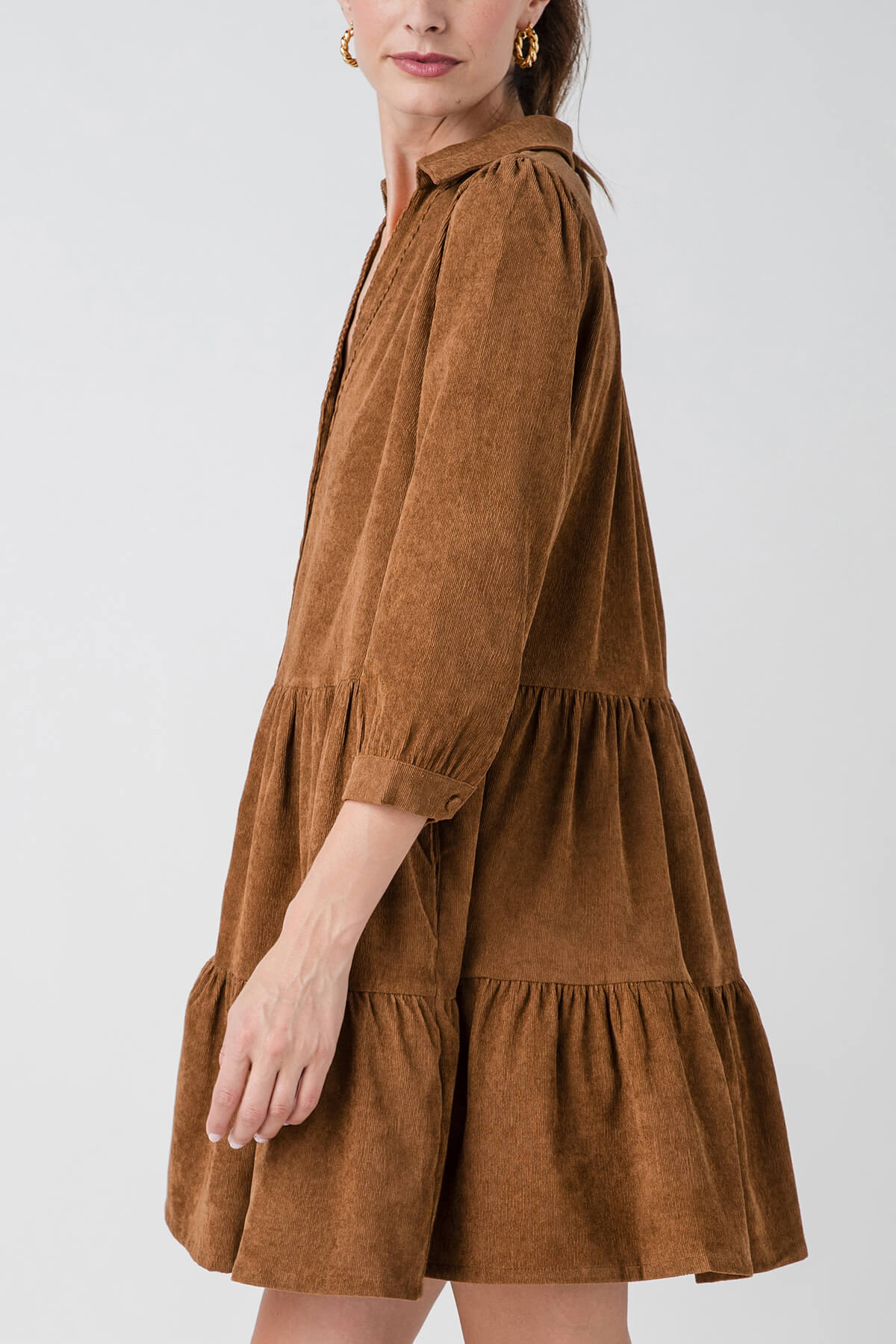 Pinch Tiered Corduroy Shirt Dress