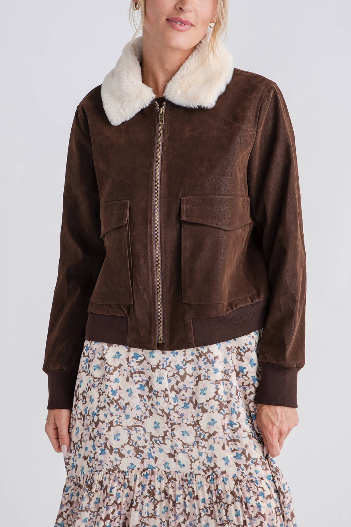 Miou Muse Textured Pleather Bomber Jacket with Fur Collar